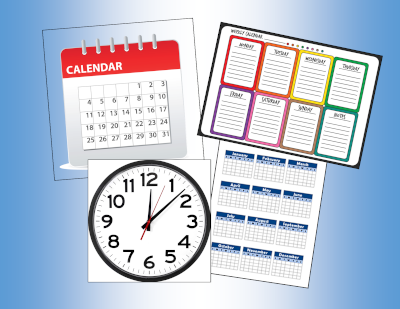 Graphic of clocks and calendars