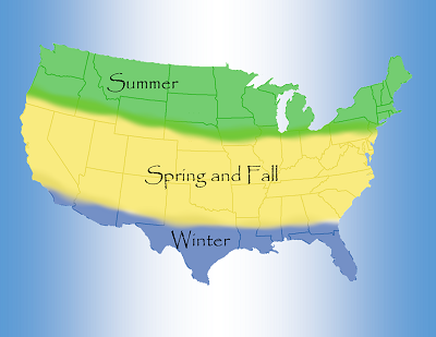 Graphic of USA showing seasonal color bands