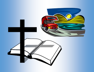 Graphic of Bible, cross, and RV